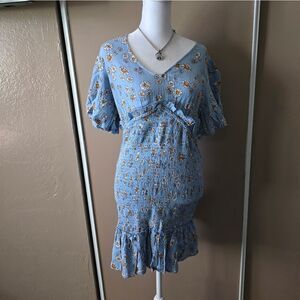 Angie Daisy Floral Blue Dress with Ruffle Sleeves